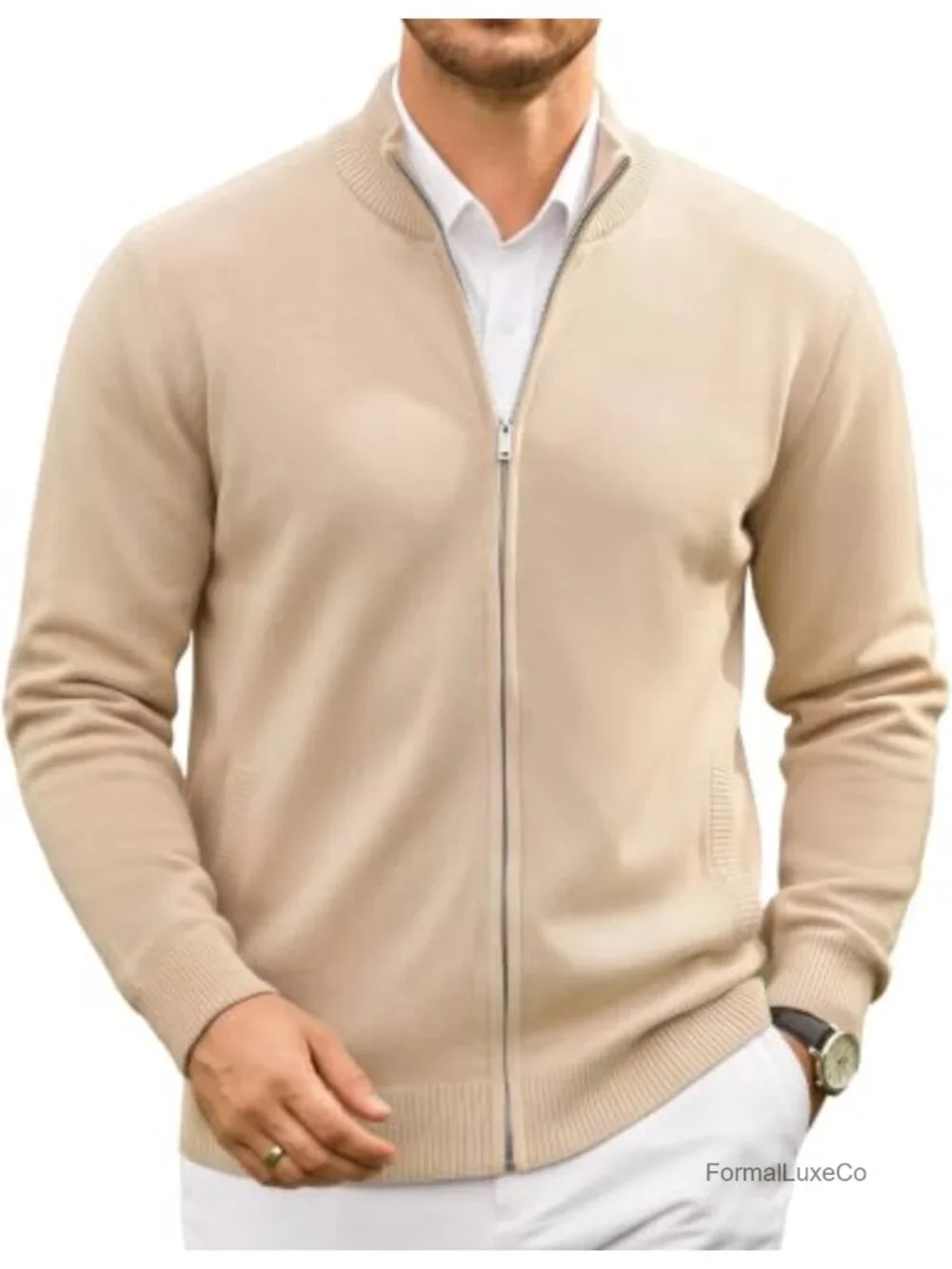 Men's Full Zip Cardigan Sweater Mock Neck Fair Isle Knit Long Sleeve